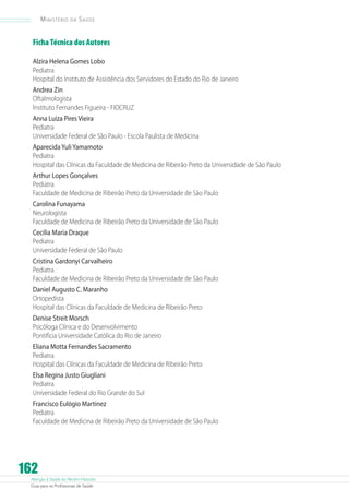 Ministério

da

Saúde

Ficha Técnica dos Autores
Alzira Helena Gomes Lobo
Pediatra
Hospital do Instituto de Assistência dos Servidores do Estado do Rio de Janeiro
Andrea Zin
Oftalmologista
Instituto Fernandes Figueira - FIOCRUZ
Anna Luiza Pires Vieira
Pediatra
Universidade Federal de São Paulo - Escola Paulista de Medicina
Aparecida Yuli Yamamoto
Pediatra
Hospital das Clínicas da Faculdade de Medicina de Ribeirão Preto da Universidade de São Paulo
Arthur Lopes Gonçalves
Pediatra
Faculdade de Medicina de Ribeirão Preto da Universidade de São Paulo
Carolina Funayama
Neurologista
Faculdade de Medicina de Ribeirão Preto da Universidade de São Paulo
Cecília Maria Draque
Pediatra
Universidade Federal de São Paulo
Cristina Gardonyi Carvalheiro
Pediatra
Faculdade de Medicina de Ribeirão Preto da Universidade de São Paulo
Daniel Augusto C. Maranho
Ortopedista
Hospital das Clínicas da Faculdade de Medicina de Ribeirão Preto
Denise Streit Morsch
Psicóloga Clínica e do Desenvolvimento
Pontifícia Universidade Católica do Rio de Janeiro
Eliana Motta Fernandes Sacramento
Pediatra
Hospital das Clínicas da Faculdade de Medicina de Ribeirão Preto
Elsa Regina Justo Giugliani
Pediatra
Universidade Federal do Rio Grande do Sul
Francisco Eulógio Martinez
Pediatra
Faculdade de Medicina de Ribeirão Preto da Universidade de São Paulo

162

Atenção à Saúde do Recém-Nascido
Guia para os Profissionais de Saúde

 