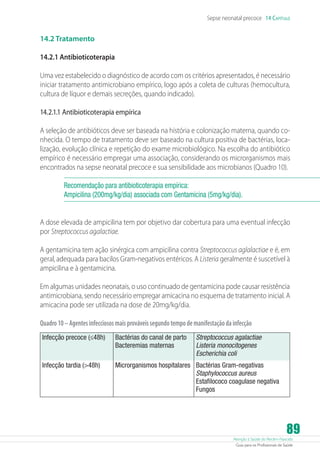 Sepse neonatal precoce 14 Capítulo

14.2 Tratamento
14.2.1 Antibioticoterapia
Uma vez estabelecido o diagnóstico de acordo com os critérios apresentados, é necessário
iniciar tratamento antimicrobiano empírico, logo após a coleta de culturas (hemocultura,
cultura de líquor e demais secreções, quando indicado).
14.2.1.1 Antibioticoterapia empírica
A seleção de antibióticos deve ser baseada na história e colonização materna, quando conhecida. O tempo de tratamento deve ser baseado na cultura positiva de bactérias, localização, evolução clínica e repetição do exame microbiológico. Na escolha do antibiótico
empírico é necessário empregar uma associação, considerando os microrganismos mais
encontrados na sepse neonatal precoce e sua sensibilidade aos microbianos (Quadro 10).
Recomendação para antibioticoterapia empírica:
Ampicilina (200mg/kg/dia) associada com Gentamicina (5mg/kg/dia).
A dose elevada de ampicilina tem por objetivo dar cobertura para uma eventual infecção
por Streptococcus agalactiae.
A gentamicina tem ação sinérgica com ampicilina contra Streptococcus aglalactiae e é, em
geral, adequada para bacilos Gram-negativos entéricos. A Listeria geralmente é suscetível à
ampicilina e à gentamicina.
Em algumas unidades neonatais, o uso continuado de gentamicina pode causar resistência
antimicrobiana, sendo necessário empregar amicacina no esquema de tratamento inicial. A
amicacina pode ser utilizada na dose de 20mg/kg/dia.
Quadro 10 – Agentes infecciosos mais prováveis segundo tempo de manifestação da infecção
Infecção precoce (≤48h)

Bactérias do canal de parto
Bacteremias maternas

Streptococcus agalactiae
Listeria monocitogenes
Escherichia coli

Infecção tardia (48h)

Microrganismos hospitalares Bactérias Gram-negativas
Staphylococcus aureus
Estafilococo coagulase negativa
Fungos

89

Atenção à Saúde do Recém-Nascido
Guia para os Profissionais de Saúde

 