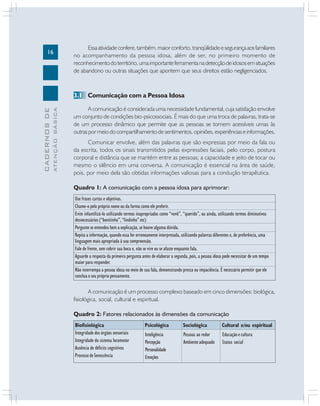 16

Essa atividade confere, também, maior conforto, tranqüilidade e segurança aos familiares
no acompanhamento da pessoa idosa, além de ser, no primeiro momento de
reconhecimento do território, uma importante ferramenta na detecção de idosos em situações
de abandono ou outras situações que apontem que seus direitos estão negligenciados.

ATENÇÃO BÁSICA

CADERNOS DE

3.1 Comunicação com a Pessoa Idosa
A comunicação é considerada uma necessidade fundamental, cuja satisfação envolve
um conjunto de condições bio-psicossociais. É mais do que uma troca de palavras, trata-se
de um processo dinâmico que permite que as pessoas se tornem acessíveis umas às
outras por meio do compartilhamento de sentimentos, opiniões, experiências e informações.
Comunicar envolve, além das palavras que são expressas por meio da fala ou
da escrita, todos os sinais transmitidos pelas expressões faciais, pelo corpo, postura
corporal e distância que se mantém entre as pessoas; a capacidade e jeito de tocar ou
mesmo o silêncio em uma conversa. A comunicação é essencial na área de saúde,
pois, por meio dela são obtidas informações valiosas para a condução terapêutica.
Quadro 1: A comunicação com a pessoa idosa para aprimorar:
Use frases curtas e objetivas.
Chame-o pelo próprio nome ou da forma como ele preferir.
Evite infantilizá-lo utilizando termos inapropriados como “vovô”, “querido”, ou ainda, utilizando termos diminutivos
desnecessários (“bonitinho”, “lindinho” etc)
Pergunte se entendeu bem a explicação, se houve alguma dúvida.
Repita a informação, quando essa for erroneamente interpretada, utilizando palavras diferentes e, de preferência, uma
linguagem mais apropriada à sua compreensão.
Fale de frente, sem cobrir sua boca e, não se vire ou se afaste enquanto fala.
Aguarde a resposta da primeira pergunta antes de elaborar a segunda, pois, a pessoa idosa pode necessitar de um tempo
maior para responder.
Não interrompa a pessoa idosa no meio de sua fala, demonstrando pressa ou impaciência. É necessário permitir que ele
conclua o seu próprio pensamento.

A comunicação é um processo complexo baseado em cinco dimensões: biológica,
fisiológica, social, cultural e espiritual.
Quadro 2: Fatores relacionados às dimensões da comunicação
Biofisiológica
Integridade dos órgãos sensoriais
Integridade do sistema locomotor
Ausência de déficits cognitivos
Processo de Senescência

Psicológica

Sociológica

Cultural e/ou espiritual

Inteligência
Percepção
Personalidade
Emoções

Pessoas ao redor
Ambiente adequado

Educação e cultura
Status social

 