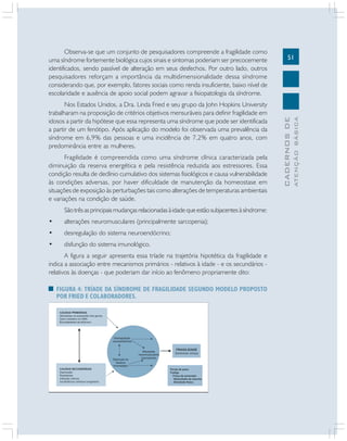 Fragilidade é compreendida como uma síndrome clínica caracterizada pela
diminuição da reserva energética e pela resistência reduzida aos estressores. Essa
condição resulta de declínio cumulativo dos sistemas fisiológicos e causa vulnerabilidade
às condições adversas, por haver dificuldade de manutenção da homeostase em
situações de exposição às perturbações tais como alterações de temperaturas ambientais
e variações na condição de saúde.
São três as principais mudanças relacionadas à idade que estão subjacentes à síndrome:
•

alterações neuromusculares (principalmente sarcopenia);

•

desregulação do sistema neuroendócrino;

•

disfunção do sistema imunológico.

A figura a seguir apresenta essa tríade na trajetória hipotética da fragilidade e
indica a associação entre mecanismos primários - relativos à idade - e os secundários relativos às doenças - que poderiam dar início ao fenômeno propriamente dito:
FIGURA 4: TRÍADE DA SÍNDROME DE FRAGILIDADE SEGUNDO MODELO PROPOSTO
POR FRIED E COLABORADORES.
CAUSAS PRIMÁRIAS:
:
Alterações na expressão dos genes
Dano oxidativo no DNA
Encurtamento do telômero

Desregulação
neuroendócrina

Disfunção do
Sistema
Imunológico
CAUSAS SECUNDÁRIAS:
:
Depressão
Neoplasias
Infecção crônica
Insuficiência cardíaca congestiva

Alterações
neuromusculares
(sarcopenia)

FRAGILIDADE
Síndrome clínica

Perda de peso
Fadiga
Força de preensão
Velocidade da marcha
Atividade física

ATENÇÃO BÁSICA

Nos Estados Unidos, a Dra. Linda Fried e seu grupo da John Hopkins University
trabalharam na proposição de critérios objetivos mensuráveis para definir fragilidade em
idosos a partir da hipótese que essa representa uma síndrome que pode ser identificada
a partir de um fenótipo. Após aplicação do modelo foi observada uma prevalência da
síndrome em 6,9% das pessoas e uma incidência de 7,2% em quatro anos, com
predominância entre as mulheres.

51

CADERNOS DE

Observa-se que um conjunto de pesquisadores compreende a fragilidade como
uma síndrome fortemente biológica cujos sinais e sintomas poderiam ser precocemente
identificados, sendo passível de alteração em seus desfechos. Por outro lado, outros
pesquisadores reforçam a importância da multidimensionalidade dessa síndrome
considerando que, por exemplo, fatores sociais como renda insuficiente, baixo nível de
escolaridade e ausência de apoio social podem agravar a fisiopatologia da síndrome.

 