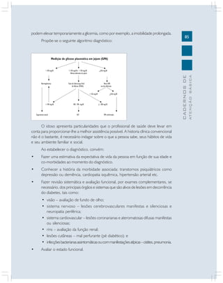 85

CADERNOS DE

Propõe-se o seguinte algoritmo diagnóstico:

O idoso apresenta particularidades que o profissional de saúde deve levar em
conta para proporcionar-lhe a melhor assistência possível. A historia clínica convencional
não é o bastante, é necessário indagar sobre o que a pessoa sabe, seus hábitos de vida
e seu ambiente familiar e social.
Ao estabelecer o diagnóstico, convém:
•

Fazer uma estimativa da expectativa de vida da pessoa em função de sua idade e
co-morbidades ao momento do diagnóstico.

•

Conhecer a história da morbidade associada: transtornos psiquiátricos como
depressão ou demência, cardiopatia isquêmica, hipertensão arterial etc.

•

Fazer revisão sistemática e avaliação funcional, por exames complementares, se
necessário, dos principais órgãos e sistemas que são alvos de lesões em decorrência
do diabetes, tais como:
• visão – avaliação de fundo de olho;
• sistema nervoso – lesões cerebrovasculares manifestas e silenciosas e
neuropatia periférica;
• sistema cardiovascular – lesões coronarianas e ateromatosas difusas manifestas
ou silenciosas;
• rins – avaliação da função renal;
• lesões cutâneas – mal perfurante (pé diabético); e
• infecções bacterianas assintomáticas ou com manifestações atípicas – cistites, pneumonia.

•

Avaliar o estado funcional.

ATENÇÃO BÁSICA

podem elevar temporariamente a glicemia, como por exemplo, a imobilidade prolongada.

 
