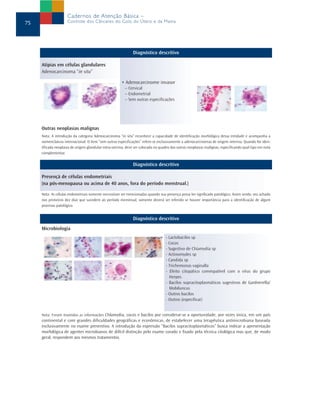 Cadernos de Atenção Básica –
75                   Controle dos Cânceres do Colo do Útero e da Mama




                                                              Diagnóstico descritivo

     Atipias em células glandulares
     Adenocarcinoma “in situ”

                                                       • Adenocarcinome invasor
                                                         – Cervical
                                                         – Endometrial
                                                         – Sem outras especificações




     Outras neoplasias malignas
     Nota: A introdução da categoria Adenocarcinoma “in situ” reconhece a capacidade de identificação morfológica dessa entidade e acompanha a
     nomenclatura internacional. O item “sem outras especificações” refere-se exclusivamente a adenocarcinomas de origem interina. Quando for iden-
     tificada neoplasia de origem glandular extra-uterina, deve ser colocada no quadro das outras neoplasias malignas, especificando qual tipo em nota
     complementar.

                                                              Diagnóstico descritivo

     Presençå de células endometriais
     (na pós-menopausa ou acima de 40 anos, fora do período menstrual.)

     Nota: As células endometriais somente necessitam ser mencionadas quando sua presença possa ter significado patológico. Assim sendo, seu achado
     nos primeiros dez dias que sucedem ao período menstrual, somente deverá ser referido se houver importância para a identificação de algum
     processo patológico.


                                                              Diagnóstico descritivo
     Microbiologia
                                                                                   - Lactobacilos sp
                                                                                   - Cocos
                                                                                   - Sugestivo de Chiamydia sp
                                                                                   - Actinomydes sp
                                                                                   - Candida sp
                                                                                   - Trichemonas vaginalla
                                                                                   - Efeito citopático commpatível com o vírus do grupo
                                                                                     Herpes
                                                                                   - Bacilos supracitoplasmáticos sugestivos de Gardnerella/
                                                                                     Mobiluncus
                                                                                   - Outros bacilos
                                                                                   - Outros (especificar)


     Nota: Foram mantidas as informações Chlamydia, cocos e bacilos por considerar-se a oportunidade, por vezes única, em um país
     continental e com grandes dificuldades geográficas e econômicas, de estabelecer uma terapêutica antimicrobiana baseada
     exclusivamente no exame preventivo. A introdução da expressão “Bacilos supracitoplasmáticos” busca indicar a apresentação
     morfológica de agentes microbianos de difícil distinção pelo exame corado e fixado pela técnica citológica mas que, de modo
     geral, respondem aos mesmos tratamentos.
 