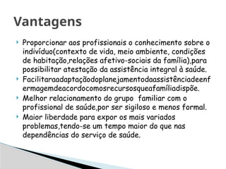  Proporcionar aos profissionais o conhecimento sobre o
indivíduo(contexto de vida, meio ambiente, condições
de habitação,relações afetivo-sociais da família),para
possibilitar atestação da assistência integral à saúde.
 Facilitaraadaptaçãodoplanejamentodaassistênciadeenf
ermagemdeacordocomosrecursosqueafamíliadispõe.
 Melhor relacionamento do grupo familiar com o
profissional de saúde,por ser sigiloso e menos formal.
 Maior liberdade para expor os mais variados
problemas,tendo-se um tempo maior do que nas
dependências do serviço de saúde.
Vantagens
 