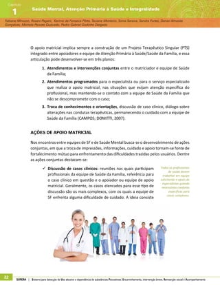 Fabiane Minozzo, Rosani Pagani, Karime da Fonseca Pôrto, Taciane Monteiro, Sonia Saraiva, Sandra Fortes, Daniel Almeida
Gonçalves, Michele Peixoto Quevedo, Pedro Gabriel Godinho Delgado
Saúde Mental, Atenção Primária à Saúde e Integralidade
Capítulo
1
22 SUPERA | Sistema para detecção do Uso abusivo e dependência de substâncias Psicoativas: Encaminhamento, intervenção breve, Reinserção social e Acompanhamento
O apoio matricial implica sempre a construção de um Projeto Terapêutico Singular (PTS)
integrado entre apoiadores e equipe de Atenção Primária à Saúde/Saúde da Família, e essa
articulação pode desenvolver-se em três planos:
1.	 Atendimentos e intervenções conjuntas entre o matriciador e equipe de Saúde
da Família;
2.	 Atendimentos programados para o especialista ou para o serviço especializado
que realiza o apoio matricial, nas situações que exijam atenção específica do
profissional, mas mantendo-se o contato com a equipe de Saúde da Família que
não se descompromete com o caso;
3.	 Troca de conhecimentos e orientações, discussão de caso clínico, diálogo sobre
alterações nas condutas terapêuticas, permanecendo o cuidado com a equipe de
Saúde da Família (CAMPOS; DOMITTI, 2007).
Ações de Apoio Matricial
Nos encontros entre equipes de SF e de Saúde Mental busca-se o desenvolvimento de ações
conjuntas, em que a troca de impressões, informações, cuidado e apoio tornam-se fonte de
fortalecimento mútuo para enfrentamento das dificuldades trazidas pelos usuários. Dentre
as ações conjuntas destacam-se:
99 Discussão de casos clínicos: reuniões nas quais participam
profissionais da equipe de Saúde da Família, referência para
o caso clínico em questão e o apoiador ou equipe de apoio
matricial. Geralmente, os casos elencados para esse tipo de
discussão são os mais complexos, com os quais a equipe de
SF enfrenta alguma dificuldade de cuidado. A ideia consiste
Todos os profissionais
de saúde devem
trabalhar em equipe
solicitando o apoio de
especialistas quando
necessárias condutas
específicas para
casos complexos.
 