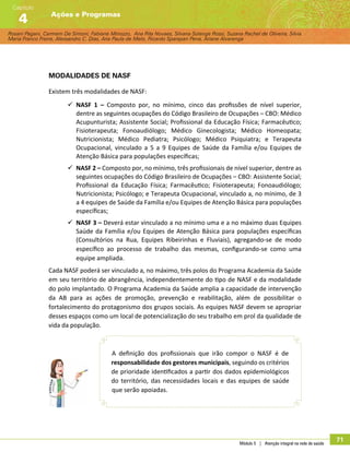 Rosani Pagani, Carmem De Simoni, Fabiane Minozzo, Ana Rita Novaes, Silvana Solange Rossi, Suzana Rachel de Oliveira, Silvia
Maria Franco Freire, Alexsandro C. Dias, Ana Paula de Melo, Ricardo Sparapan Pena, Ariane Alvarenga
Ações e Programas
Capítulo
4
Módulo 5 | Atenção integral na rede de saúde
71
Modalidades de NASF
Existem três modalidades de NASF:
99 NASF 1 – Composto por, no mínimo, cinco das profissões de nível superior,
dentre as seguintes ocupações do Código Brasileiro de Ocupações – CBO: Médico
Acupunturista; Assistente Social; Profissional da Educação Física; Farmacêutico;
Fisioterapeuta; Fonoaudiólogo; Médico Ginecologista; Médico Homeopata;
Nutricionista; Médico Pediatra; Psicólogo; Médico Psiquiatra; e Terapeuta
Ocupacional, vinculado a 5 a 9 Equipes de Saúde da Família e/ou Equipes de
Atenção Básica para populações específicas;
99 NASF 2 – Composto por, no mínimo, três profissionais de nível superior, dentre as
seguintes ocupações do Código Brasileiro de Ocupações – CBO: Assistente Social;
Profissional da Educação Física; Farmacêutico; Fisioterapeuta; Fonoaudiólogo;
Nutricionista; Psicólogo; e Terapeuta Ocupacional, vinculado a, no mínimo, de 3
a 4 equipes de Saúde da Família e/ou Equipes de Atenção Básica para populações
específicas;
99 NASF 3 – Deverá estar vinculado a no mínimo uma e a no máximo duas Equipes
Saúde da Família e/ou Equipes de Atenção Básica para populações específicas
(Consultórios na Rua, Equipes Ribeirinhas e Fluviais), agregando-se de modo
específico ao processo de trabalho das mesmas, configurando-se como uma
equipe ampliada.
Cada NASF poderá ser vinculado a, no máximo, três polos do Programa Academia da Saúde
em seu território de abrangência, independentemente do tipo de NASF e da modalidade
do polo implantado. O Programa Academia da Saúde amplia a capacidade de intervenção
da AB para as ações de promoção, prevenção e reabilitação, além de possibilitar o
fortalecimento do protagonismo dos grupos sociais. As equipes NASF devem se apropriar
desses espaços como um local de potencialização do seu trabalho em prol da qualidade de
vida da população.
A definição dos profissionais que irão compor o NASF é de
responsabilidade dos gestores municipais, seguindo os critérios
de prioridade identificados a partir dos dados epidemiológicos
do território, das necessidades locais e das equipes de saúde
que serão apoiadas.
 