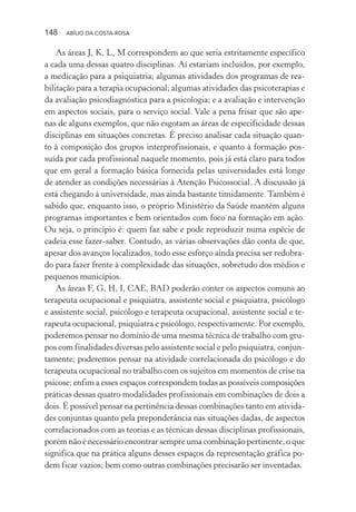 148 ABÍLIO DA COSTA-ROSA
As áreas J, K, L, M correspondem ao que seria estritamente específico
a cada uma dessas quatro disciplinas. Aí estariam incluídos, por exemplo,
a medicação para a psiquiatria; algumas atividades dos programas de rea-
bilitação para a terapia ocupacional; algumas atividades das psicoterapias e
da avaliação psicodiagnóstica para a psicologia; e a avaliação e intervenção
em aspectos sociais, para o serviço social. Vale a pena frisar que são ape-
nas de alguns exemplos, que não esgotam as áreas de especificidade dessas
disciplinas em situações concretas. É preciso analisar cada situação quan-
to à composição dos grupos interprofissionais, e quanto à formação pos-
suída por cada profissional naquele momento, pois já está claro para todos
que em geral a formação básica fornecida pelas universidades está longe
de atender as condições necessárias à Atenção Psicossocial. A discussão já
está chegando à universidade, mas ainda bastante timidamente. Também é
sabido que, enquanto isso, o próprio Ministério da Saúde mantém alguns
programas importantes e bem orientados com foco na formação em ação.
Ou seja, o princípio é: quem faz sabe e pode reproduzir numa espécie de
cadeia esse fazer-saber. Contudo, as várias observações dão conta de que,
apesar dos avanços localizados, todo esse esforço ainda precisa ser redobra-
do para fazer frente à complexidade das situações, sobretudo dos médios e
pequenos municípios.
As áreas F, G, H, I, CAE, BAD poderão conter os aspectos comuns ao
terapeuta ocupacional e psiquiatra, assistente social e psiquiatra, psicólogo
e assistente social, psicólogo e terapeuta ocupacional, assistente social e te-
rapeuta ocupacional, psiquiatra e psicólogo, respectivamente. Por exemplo,
poderemos pensar no domínio de uma mesma técnica de trabalho com gru-
pos com finalidades diversas pelo assistente social e pelo psiquiatra, conjun-
tamente; poderemos pensar na atividade correlacionada do psicólogo e do
terapeuta ocupacional no trabalho com os sujeitos em momentos de crise na
psicose; enfim a esses espaços correspondem todas as possíveis composições
práticas dessas quatro modalidades profissionais em combinações de dois a
dois. É possível pensar na pertinência dessas combinações tanto em ativida-
des conjuntas quanto pela preponderância nas situações dadas, de aspectos
correlacionados com as teorias e as técnicas dessas disciplinas profissionais,
porém não é necessário encontrar sempre uma combinação pertinente, o que
significa que na prática alguns desses espaços da representação gráfica po-
dem ficar vazios; bem como outras combinações precisarão ser inventadas.
Miolo_Atencao_psicossocial_(GRAFICA).indd 148 16/09/2013 16:24:50
 