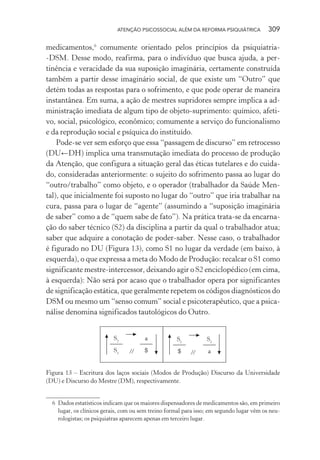 ATENÇÃO PSICOSSOCIAL ALÉM DA REFORMA PSIQUIÁTRICA 309
medicamentos,6
comumente orientado pelos princípios da psiquiatria-
-DSM. Desse modo, reafirma, para o indivíduo que busca ajuda, a per-
tinência e veracidade da sua suposição imaginária, certamente construída
também a partir desse imaginário social, de que existe um “Outro” que
detém todas as respostas para o sofrimento, e que pode operar de maneira
instantânea. Em suma, a ação de mestres supridores sempre implica a ad-
ministração imediata de algum tipo de objeto-suprimento: químico, afeti-
vo, social, psicológico, econômico; comumente a serviço do funcionalismo
e da reprodução social e psíquica do instituído.
Pode-se ver sem esforço que essa “passagem de discurso” em retrocesso
(DU←DH) implica uma transmutação imediata do processo de produção
da Atenção, que configura a situação geral das éticas tutelares e do cuida-
do, consideradas anteriormente: o sujeito do sofrimento passa ao lugar do
“outro/trabalho” como objeto, e o operador (trabalhador da Saúde Men-
tal), que inicialmente foi suposto no lugar do “outro” que iria trabalhar na
cura, passa para o lugar de “agente” (assumindo a “suposição imaginária
de saber” como a de “quem sabe de fato”). Na prática trata-se da encarna-
ção do saber técnico (S2) da disciplina a partir da qual o trabalhador atua;
saber que adquire a conotação de poder-saber. Nesse caso, o trabalhador
é figurado no DU (Figura 13), como S1 no lugar da verdade (em baixo, à
esquerda), o que expressa a meta do Modo de Produção: recalcar o S1 como
significante mestre-intercessor, deixando agir o S2 enciclopédico (em cima,
à esquerda): Não será por acaso que o trabalhador opera por significantes
de significação estática, que geralmente repetem os códigos diagnósticos do
DSM ou mesmo um “senso comum” social e psicoterapêutico, que a psica-
nálise denomina significados tautológicos do Outro.
//
S2
S1
a
$
S1
$
S2
a//
Figura 13 – Escritura dos laços sociais (Modos de Produção) Discurso da Universidade
(DU) e Discurso do Mestre (DM), respectivamente.
6 Dados estatísticos indicam que os maiores dispensadores de medicamentos são, em primeiro
lugar, os clínicos gerais, com ou sem treino formal para isso; em segundo lugar vêm os neu-
rologistas; os psiquiatras aparecem apenas em terceiro lugar.
Miolo_Atencao_psicossocial_(GRAFICA).indd 309 16/09/2013 16:24:56
 