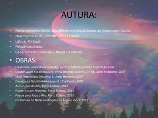 AUTURA:
• Nome completo:Maria Luísa Bliebeninte Ducla Soares de Sottomayor Cardia
• Nascimento:20 de julho de 1939 (77 anos)
• Lisboa, Portugal
• Residência:Lisboa
• Género literário:Romance, literatura infantil
• OBRAS:
• Há sempre uma estrela no Natal, contos ( Infanto-juvenil ) Civilização,2006
• Doutor Lauro e o dinossauro, prosa (Infanto-Juvenil), 2.ª ed, Livros Horizonte, 2007
• Mais lengalengas (recolhas ), Livros Horizonte,2007
• Desejos de Natal (Infanto-juvenil ), Civilização,2007
• As Canções do Alfa, Porto Editora, 2013
• Números com Histórias, Porto Editora, 2013
• Poesia para Todo o Ano, Porto Editora, 2013
• Os animais do Natal (ilustrações de Ângelo Vieira)2012
 
