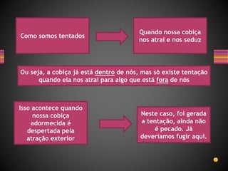 Quando nossa cobiça
nos atrai e nos seduz
Como somos tentados
Ou seja, a cobiça já está dentro de nós, mas só existe tentação
quando ela nos atrai para algo que está fora de nós
Isso acontece quando
nossa cobiça
adormecida é
despertada pela
atração exterior
Neste caso, foi gerada
a tentação, ainda não
é pecado. Já
deveríamos fugir aqui.
 