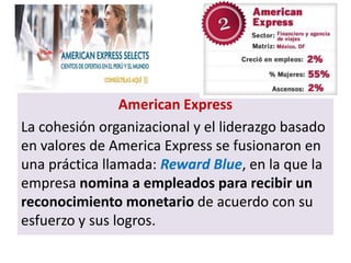 American Express
La cohesión organizacional y el liderazgo basado
en valores de America Express se fusionaron en
una práctica llamada: Reward Blue, en la que la
empresa nomina a empleados para recibir un
reconocimiento monetario de acuerdo con su
esfuerzo y sus logros.
 