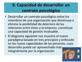 9. Capacidad de desarrollar un
          contrato psicológico
• Desarrollar un contrato psicológico entre los
  miembros de una organización que disminuya o
  elimine la posibilidad de deterioro de las
  relaciones entre éstos y la empresa, constituye
  una capacidad de gestión invaluable.
• El diagrama siguiente nos muestra el nuevo
  paradigma basado en tres principios y enfocado
  en las nueve capacidades de las personas, cuyo
  desarrollo puede ser aprovechado más
  integralmente por la organización
 