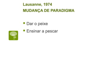 Dar o peixe
Ensinar a pescar
Lausanne, 1974
MUDANÇA DE PARADIGMA
 