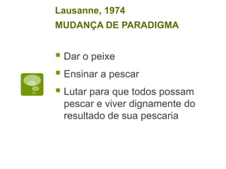 Dar o peixe
Ensinar a pescar
Lutar para que todos possam
pescar e viver dignamente do
resultado de sua pescaria
Lausanne, 1974
MUDANÇA DE PARADIGMA
 