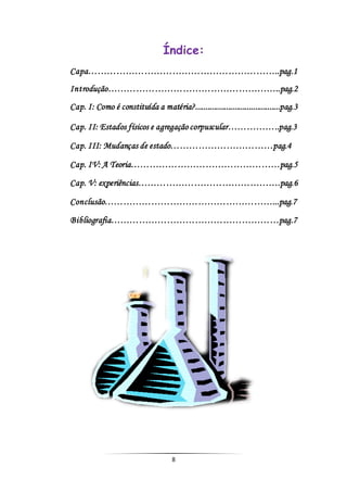 8
Índice:
Capa……………………………………………………..pag.1
Introdução………………………………………………..pag.2
Cap. I: Como é constituída a matéria?.........................................pag.3
Cap. II: Estados físicos e agregação corpuscular……………..pag.3
Cap. III: Mudanças de estado……………………………pag.4
Cap. IV: A Teoria…………………………………………pag.5
Cap. V: experiências……………………………………….pag.6
Conclusão………………………………………………...pag.7
Bibliografia………………………………………………pag.7
 