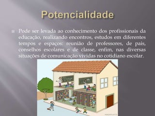  Pode ser levada ao conhecimento dos profissionais da
educação, realizando encontros, estudos em diferentes
tempos e espaços: reunião de professores, de pais,
conselhos escolares e de classe, enfim, nas diversas
situações de comunicação vividas no cotidiano escolar.
 
