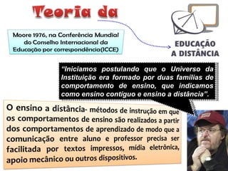 “ Iniciamos postulando que o Universo da Instituição era formado por duas famílias de comportamento de ensino, que indicamos como ensino contíguo e ensino a distância”. 