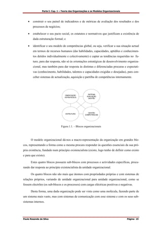 Parte I: Cap. 1 – Teoria das Organizações e os Modelos Organizacionais
Paulo Resende da Silva Página 19
• construir o seu painel de indicadores e de métricas de avaliação dos resultados e dos
processos de negócios;
• estabelecer o seu pacto social, os estatutos e normativos que justificam a existência de
dada estruturação formal; e
• identificar o seu modelo de competências global, ou seja, verificar a sua situação actual
em termos de recursos humanos (das habilidades, capacidades, aptidões e conhecimen-
tos detidos individualmente e colectivamente) e captar as tendências requeridas no fu-
turo, para dar resposta, não só às orientações estratégicas de desenvolvimento organiza-
cional, mas também para dar resposta às distintas e diferenciadas procuras e expectati-
vas (conhecimento, habilidades, talentos e capacidades exigidas e desejadas), para con-
ceber sistemas de actualização, aquisição e partilha de competências internamente.
ORIENTAÇÃO
ESTRATÉGICA
SISTEMA
AVALIAÇÃO
GESTÃO
ESTRUTURA
GESTÃO
COMPETÊNCIAS
Figura 1.1. – Blocos organizacionais
O modelo organizacional dá-nos a macro-representação da organização em grandes blo-
cos, representando a forma como a mesma procura responder às questões essenciais da sua pró-
pria existência, fundado num princípio existencialista (existo, logo tenho de definir como existo
e para que existo).
Estes quatro blocos possuem sub-blocos com processos e actividades específicas, procu-
rando dar resposta ao princípio existencialista da unidade organizacional.
Os quatro blocos não são mais que átomos com propriedades próprias e com sistemas de
relações próprios, variando de unidade organizacional para unidade organizacional, como se
fossem electrões (os sub-blocos e os processos) com cargas eléctricas positivas e negativas.
Desta forma, uma dada organização pode ser vista como uma molécula, fazendo parte de
um sistema mais vasto, mas com sistemas de comunicação com esse sistema e com os seus sub-
sistemas internos.
 