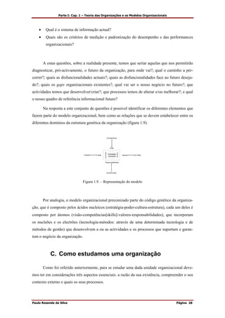 Parte I: Cap. 1 – Teoria das Organizações e os Modelos Organizacionais
Paulo Resende da Silva Página 28
• Qual é o sistema de informação actual?
• Quais são os critérios de medição e padronização do desempenho e das performances
organizacionais?
A estas questões, sobre a realidade presente, temos que seriar aquelas que nos permitirão
diagnosticar, pró-activamente, o futuro da organização, para onde vai?; qual o caminho a per-
correr?; quais as disfuncionalidades actuais?; quais as disfuncionalidades face ao futuro deseja-
do?; quais os gaps organizacionais existentes?; qual vai ser o nosso negócio no futuro?; que
actividades temos que desenvolver/criar?; que processos temos de alterar e/ou melhorar?; e qual
o nosso quadro de referência informacional futuro?
Na resposta a este conjunto de questões é possível identificar os diferentes elementos que
fazem parte do modelo organizacional, bem como as relações que se devem estabelecer entre os
diferentes domínios da estrutura genética da organização (figura 1.9).
ESTRATÉGIA
ESTRUTURA
PODER CULTURA
Visão
Responsabilidades
Skills Valores
actividades
processos
tecnologia
métodos
Figura 1.9. – Representação do modelo
Por analogia, o modelo organizacional preconizado parte do código genético da organiza-
ção, que é composto pelos ácidos nucleicos (estratégia-poder-cultura-estrutura), cada um deles é
composto por átomos (visão-competências[skills]-valores-responsabilidades), que incorporam
os nucleões e os electrões (tecnologia-métodos: através de uma determinada tecnologia e de
métodos de gestão) que desenvolvem a ou as actividades e os processos que suportam e garan-
tem o negócio da organização.
C. Como estudamos uma organização
Como foi referido anteriormente, para se estudar uma dada unidade organizacional deve-
mos ter em considerações três aspectos essenciais: a razão da sua existência, compreender o seu
contexto externo e quais os seus processos.
 
