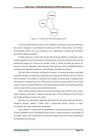 Parte I: Cap. 1 – Teoria das Organizações e os Modelos Organizacionais
Paulo Resende da Silva Página 33
EstratégicoEstratégico
GestãoGestão
OperacionalOperacional
Figura 1.10. – Sistemas da envolvente organizacional
O sistema operacional preocupa-se com a produção do bem/serviço através da afectação
dos recursos adequados e da estruturação do processo produtivo. Desta forma, este sistema é
essencialmente técnico visto só se preocupar com a organização e execução das actividades
directamente ligadas à produção.
Contudo, para que o sistema operacional tenha em tempo oportuno as instruções e infor-
mações adequadas ao seu funcionamento é necessário que exista um sistema de gestão que lhe
permita dar respostas às incertezas do mercado. Assim, o sistema de gestão preocupa-se em
procurar os recursos adequados, sejam eles quais forem, para que exista a estabilidade produtiva
necessária para responder às diferentes e diversificadas solicitações do mercado.
Por outro lado, as constantes solicitações do exterior e a incerteza que rodeia a actividade
económica obrigam as organizações a procurarem dar respostas permanentes, não só às solicita-
ções do presente, mas também às tendências de evolução (do futuro) para se adaptarem pró-
activamente às mudanças previsíveis. Desta forma, elas devem procurar afectar, de forma ade-
quada, os recursos às oportunidades que vão surgindo periodicamente, procurando potenciá-las,
e devem actuar sobre as ameaças, procurando minimizá-las.
Neste contexto, estamos em presença do sistema estratégico que olha para o que a organi-
zação tem/possui, de positivo e negativo, para agir sobre o futuro desejável através da leitura
que faz das tendências evolutivas do exterior.
Para além de compreender o papel que cada sistema da envolvente organizacional tem, é
necessário perceber também a forma como a organização procura integrar os aspec-
tos/elementos que mais a influenciam internamente.
Como sabemos as organizações são agrupamentos de pessoas que procuram satisfazer di-
ferentes finalidades através da produção de bens/serviços visando satisfazer as necessidades da
sociedade. Sendo assim, encontramos na envolvente organizacional sete factores fundamentais
da formulação da organização.
 