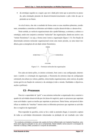 Parte I: Cap. 1 – Teoria das Organizações e os Modelos Organizacionais
Paulo Resende da Silva Página 37
• da estratégia seguida ou a seguir, que nos é dada pelo rumo que se percorreu no passa-
do, pela orientação presente de desenvolvimento/crescimento e pela visão do que se
pretende ser no futuro.
Ao nível micro, elas são o resultado da forma como os seus membros planeiam, coorde-
nam, comandam e controlam as diferentes actividades e acções desenvolvidas e a desenvolver.
Neste sentido, as variáveis organizacionais são o poder/liderança, a estrutura, a cultura e a
estratégia, sendo este conjunto a estrutura “molecular” das organizações, dando-nos assim o seu
“retrato fisionómico”; ou seja, a forma como vemos a organização (figura 1.11). Em função de
determinada estrutura molecular organizacional existe uma maior pressão, ou uma maior ten-
dência, para a emergência de um dado retrato fisionómico.
ESTRATÉGIAESTRUTURA
PODER
CULTURA
Figura 1.11. – Estrutura molecular das organizações
Em cada um destes pólos, os átomos existentes, bem como a sua configuração, determi-
nam o sentido e a orientação da organização, a fisionomia da estrutura (tipo de configuração
estrutural), da cultura (os valores, padrões, mitos/medos organizacionais, entre outros), do poder
(como geri-lo em função do contexto) e da estratégia (visão e missão, finalidades e objectivos,
acções e políticas).
C3 - Processos
Para ter a capacidade de “gerir” a sua estrutura molecular a organização deve construir o
quadro de actividades desenvolvida por ela (áreas de negócio), quais os processos que suportam
essas actividades e quais as tarefas que suportam os processos. Desta forma, será possível iden-
tificar os nódulos de “interface” interno entre os diferentes processos que suportam as activida-
des e o negócio da organização∗
.
Para responder às questões, como se faz e onde se pretende chegar, é essencial a captura
de todas as actividades directamente relacionadas na produção de um resultado com valor
∗
Os vocábulos actividade e processo são usados de forma indiferenciada com bastante frequência, exis-
tindo assim alguma confusão no seu uso e compreensão. Neste trabalho vamos assumir a concepção de
Hammer e Champy (1995): processo é o conjunto de actividades…
 