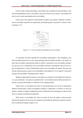 Parte I: Cap. 1 – Teoria das Organizações e os Modelos Organizacionais
Paulo Resende da Silva Página 42
Como se pode verificar pela figura e pela análise dos conteúdos de cada actividade, existe
uma inter-dependência entre as actividades, umas não existem sem as outras, e esta relação não
ocorre com a mesma intensidade entre as actividades.
Existe assim uma relação de determinação de práticas que apoiam, suportam e determi-
nam as actividades específicas da organização, permitindo garantir o presente e construir o futu-
ro (Figura 1.15).
actividades
experimentais
actividades estratégicas
actividades nucleares
actividades de suporte
determinam apoiam
determinam justificam
determinam suportam
suportamsuportam
apoiam
Figura 1.15. – Ciclo das relações de dependências das actividades
A construção do futuro depende das actividades experimentais e das estratégicas, mas
elas só poderão desenvolver-se caso sejam apoiadas pelas actividades nucleares e de suporte. A
partir das actividades experimentais podem-se definir e determinar novas actividades estratégi-
cas, que por sua vez determinam novas actividades nucleares, necessitando estas de novas re-
gras, procedimentos e rotinas, determinando assim novas actividades de suporte. Para que este
circuito relacional possa ocorrer com normalidade as actividades de “nível superior” necessitam
do apoio das actividades “hierarquicamente” abaixo.
Qualquer organização incorpora na sua génese um conjunto de actividades que desenvol-
ve e que estruturam o seu processo organizacional. As actividades desenvolvidas procuram sa-
tisfazer, em graus diferenciados, os diferentes níveis organizacionais.
Sendo assim, as actividades têm áreas de intervenção/acção com níveis de importância
bastantes diferenciados. Esta(s) actividade(s) ajuda(m) a organização a clarificar os níveis de
gestão e a definir as relações estabelecidas entre os diferentes níveis hierárquicos verticais, bem
como as relações ocorridas horizontalmente.
Desta forma, as actividades são vistas em termos de áreas de negócio, sendo que para
cada área de negócio tem de existir um conjunto de actividades de gestão que suportem e garan-
tam a existência do negócio (Figura 1.16).
 