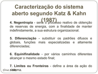 Caracterização do sistema
aberto segundo Katz & Kahn
(1987) reativo de obtenção
4. Negentropia - seria o processo
de reservas de energia, com a finalidade de manter
indefinidamente, a sua estrutura organizacional.
5. Diferenciação - substituir os padrões difusos e
globais, funções mais especializadas e altamente
diferenciadas;
6. Equinifinalidade - por vários caminhos diferentes
alcançar o mesmo estado final;

7. Limites ou Fronteiras - define a área da ação do
(Cruz, sistema.
1998).

 