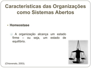 Características das Organizações
como Sistemas Abertos
 Homeostase
 A organização alcança um estado

firme – ou
equilíbrio.

(Chiavenato, 2003).

seja,

um

estado

de

 