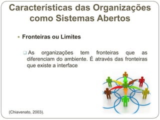 Características das Organizações
como Sistemas Abertos
 Fronteiras ou Limites
 As

organizações tem fronteiras que as
diferenciam do ambiente. É através das fronteiras
que existe a interface.

(Chiavenato, 2003).

 