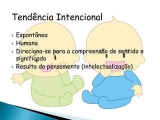 Tendência Intencional 
 Espontânea 
 Humana 
 Direciona-se para a compreensão de sentido e 
significado 
 Resulta do pensamento (intelectualização) 
 