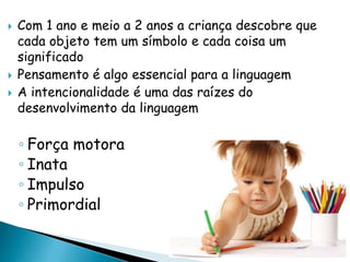  Com 1 ano e meio a 2 anos a criança descobre que 
cada objeto tem um símbolo e cada coisa um 
significado 
 Pensamento é algo essencial para a linguagem 
 A intencionalidade é uma das raízes do 
desenvolvimento da linguagem 
◦ Força motora 
◦ Inata 
◦ Impulso 
◦ Primordial 
 