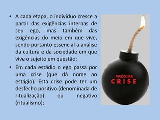 A cada etapa, o indivíduo cresce a partir das exigências internas de seu ego, mas também das exigências do meio em que vive, sendo portanto essencial a análise da cultura e da sociedade em que vive o sujeito em questão; Em cada estádio o ego passa por uma crise (que dá nome ao estágio). Esta crise pode ter um desfecho positivo (denominada de ritualização) ou negativo (ritualismo); 