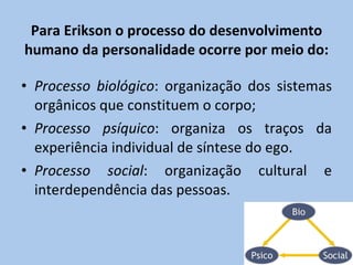 Para Erikson o processo do desenvolvimento humano da personalidade ocorre por meio do: Processo biológico : organização dos sistemas orgânicos que constituem o corpo; Processo psíquico : organiza os traços da experiência individual de síntese do ego. Processo social : organização cultural e interdependência das pessoas. 