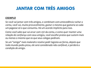 JANTAR COM TRÊS AMIGOS 
EXEMPLO 
Se você vai jantar com três amigos, e combinam com antecedência rachar a conta, você vai, muito provavelmente, gastar o mesmo que gastaria se cada um pagasse só o que consumiu. Há um acordo implícito para isso. 
Como você sabe que vai arcar com 25% da conta, e como quer manter uma relação de confiança com seus amigos, você escolhe pratos que custem mais ou menos o mesmo que os que seus colegas pediram. 
Se um "amigo" mais malandro resolve pedir lagosta ao forno, depois que todo mundo pediu pizza, ele será considerado não confiável, e perderá a condição de amigo.  