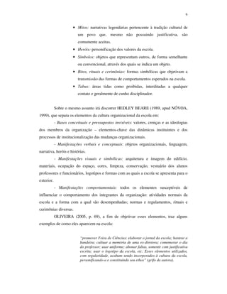 6
• Mitos: narrativas legendárias pertencente à tradição cultural de
um povo que, mesmo não possuindo justificativa, são
comumente aceitas.
• Heróis: personificação dos valores da escola.
• Símbolos: objetos que representam outros, de forma semelhante
ou convencional, através dos quais se indica um objeto.
• Ritos, rituais e cerimônias: formas simbólicas que objetivam a
transmissão das formas de comportamentos esperados na escola.
• Tabus: áreas tidas como proibidas, interditadas a qualquer
contato e geralmente de cunho disciplinador.
Sobre o mesmo assunto irá discorrer HEDLEY BEARE (1989, apud NÓVOA,
1999), que separa os elementos da cultura organizacional da escola em:
- Bases conceituais e pressupostos invisíveis: valores, crenças e as ideologias
dos membros da organização – elementos-chave das dinâmicas instituintes e dos
processos de institucionalização das mudanças organizacionais.
- Manifestações verbais e conceptuais: objetos organizacionais, linguagem,
narrativa, heróis e histórias.
- Manifestações visuais e simbólicas: arquitetura e imagem do edifício,
materiais, ocupação do espaço, cores, limpeza, conservação, vestuário dos alunos
professores e funcionários, logotipos e formas com as quais a escola se apresenta para o
exterior.
- Manifestações comportamentais: todos os elementos susceptíveis de
influenciar o comportamento dos integrantes da organização: atividades normais da
escola e a forma com a qual são desempenhadas; normas e regulamentos, rituais e
cerimônias diversas.
OLIVEIRA (2005, p. 69), a fim de objetivar esses elementos, traz alguns
exemplos de como eles aparecem na escola:
“promover Feira de Ciências; elaborar o jornal da escola; hastear a
bandeira; cultuar a memória de uma ex-diretora; comemorar o dia
do professor; usar uniforme; abonar faltas, somente com justificativa
escrita; usar o logotipo da escola, etc. Esses elementos utilizados,
com regularidade, acabam sendo incorporados à cultura da escola,
personificando-a e constituindo seu ethos” (grifo da autora).
 
