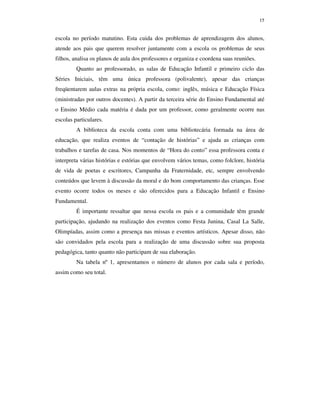 15
escola no período matutino. Esta cuida dos problemas de aprendizagem dos alunos,
atende aos pais que querem resolver juntamente com a escola os problemas de seus
filhos, analisa os planos de aula dos professores e organiza e coordena suas reuniões.
Quanto ao professorado, as salas de Educação Infantil e primeiro ciclo das
Séries Iniciais, têm uma única professora (polivalente), apesar das crianças
freqüentarem aulas extras na própria escola, como: inglês, música e Educação Física
(ministradas por outros docentes). A partir da terceira série do Ensino Fundamental até
o Ensino Médio cada matéria é dada por um professor, como geralmente ocorre nas
escolas particulares.
A biblioteca da escola conta com uma bibliotecária formada na área de
educação, que realiza eventos de “contação de histórias” e ajuda as crianças com
trabalhos e tarefas de casa. Nos momentos de “Hora do conto” essa professora conta e
interpreta várias histórias e estórias que envolvem vários temas, como folclore, história
de vida de poetas e escritores, Campanha da Fraternidade, etc, sempre envolvendo
conteúdos que levem à discussão da moral e do bom comportamento das crianças. Esse
evento ocorre todos os meses e são oferecidos para a Educação Infantil e Ensino
Fundamental.
É importante ressaltar que nessa escola os pais e a comunidade têm grande
participação, ajudando na realização dos eventos como Festa Junina, Casal La Salle,
Olimpíadas, assim como a presença nas missas e eventos artísticos. Apesar disso, não
são convidados pela escola para a realização de uma discussão sobre sua proposta
pedagógica, tanto quanto não participam de sua elaboração.
Na tabela nº 1, apresentamos o número de alunos por cada sala e período,
assim como seu total.
 