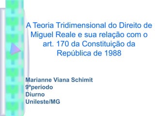 A Teoria Tridimensional do Direito de
Miguel Reale e sua relação com o
art. 170 da Constituição da
República de 1988
Marianne Viana Schimit
9ºperíodo
Diurno
Unileste/MG

 