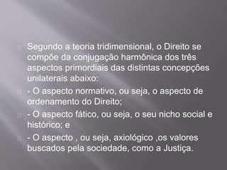 Segundo a teoria tridimensional, o Direito se
compõe da conjugação harmônica dos três
aspectos primordiais das distintas concepções
unilaterais abaixo:
- O aspecto normativo, ou seja, o aspecto de
ordenamento do Direito;
- O aspecto fático, ou seja, o seu nicho social e
histórico; e
- O aspecto , ou seja, axiológico ,os valores
buscados pela sociedade, como a Justiça.
 