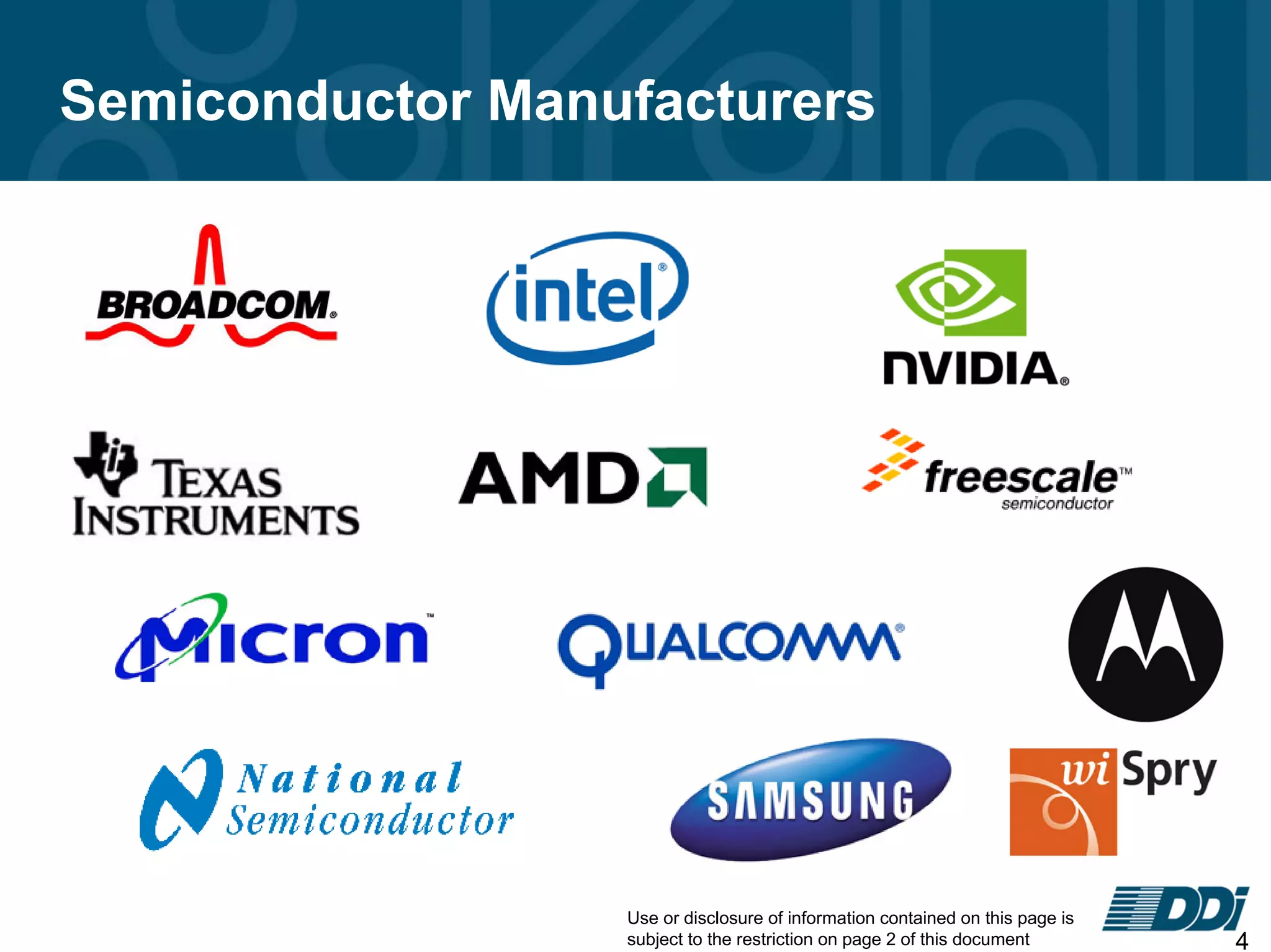 Use or disclosure of information contained on this page is
subject to the restriction on page 2 of this document 4
Semiconductor Manufacturers
 
