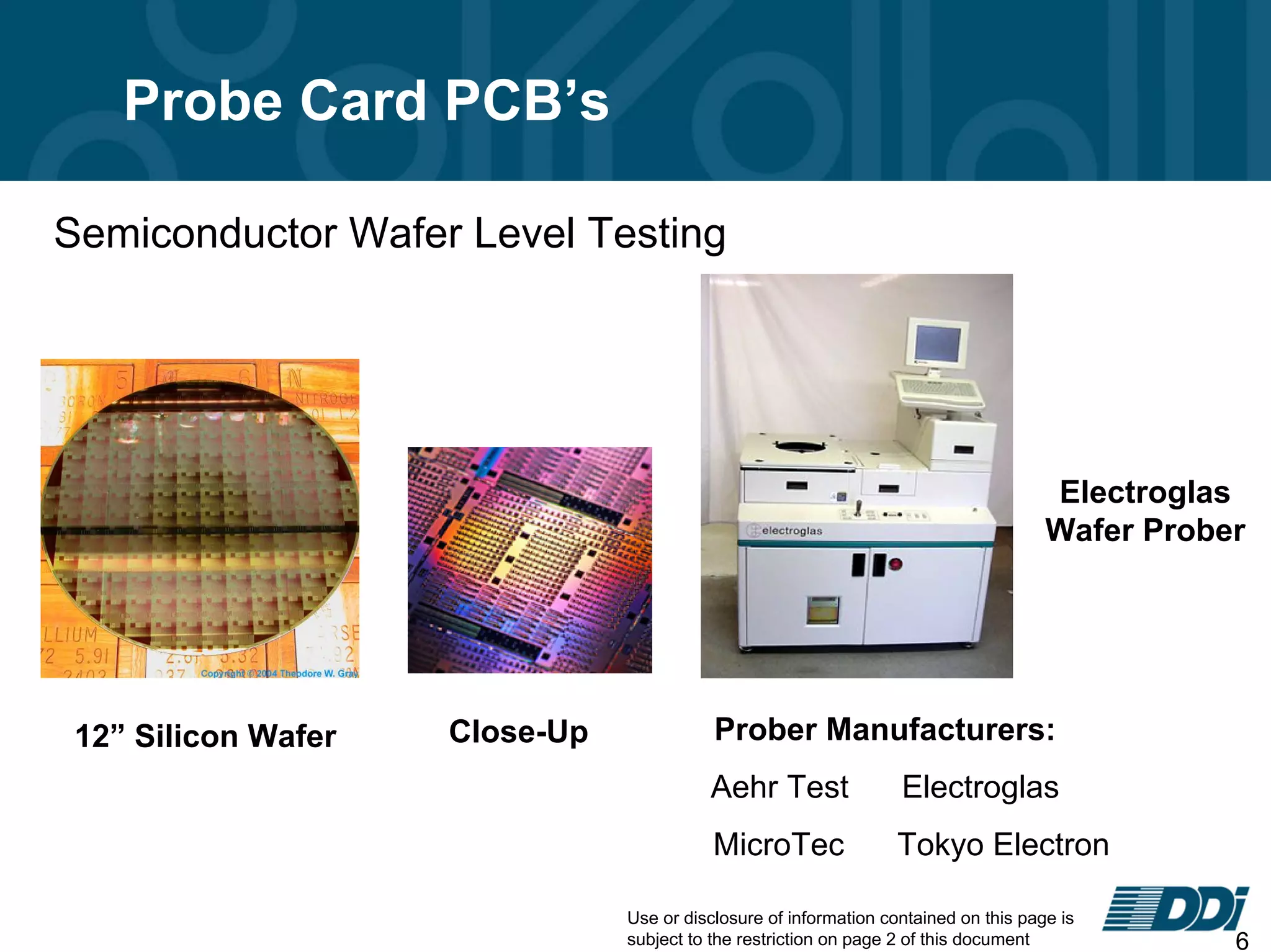 Use or disclosure of information contained on this page is
subject to the restriction on page 2 of this document 6
Probe Card PCB’s
Semiconductor Wafer Level Testing
12” Silicon Wafer
Electroglas
Wafer Prober
Prober Manufacturers:
Aehr Test Electroglas
MicroTec Tokyo Electron
Close-Up
 