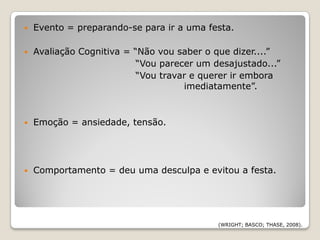    Evento = preparando-se para ir a uma festa.

   Avaliação Cognitiva = “Não vou saber o que dizer....”
                           “Vou parecer um desajustado...”
                           “Vou travar e querer ir embora
                                     imediatamente”.



   Emoção = ansiedade, tensão.




   Comportamento = deu uma desculpa e evitou a festa.




                                            (WRIGHT; BASCO; THASE, 2008).
 