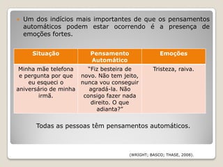    Um dos indícios mais importantes de que os pensamentos
    automáticos podem estar ocorrendo é a presença de
    emoções fortes.


      Situação          Pensamento                Emoções
                        Automático
 Minha mãe telefona     “Fiz besteira de       Tristeza, raiva.
 e pergunta por que novo. Não tem jeito,
    eu esqueci o     nunca vou conseguir
aniversário de minha    agradá-la. Não
        irmã.         consigo fazer nada
                         direito. O que
                           adianta?”


       Todas as pessoas têm pensamentos automáticos.



                                     (WRIGHT; BASCO; THASE, 2008).
 