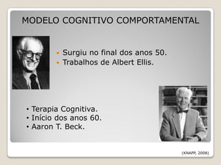 MODELO COGNITIVO COMPORTAMENTAL


           Surgiu no final dos anos 50.
           Trabalhos de Albert Ellis.




• Terapia Cognitiva.
• Início dos anos 60.
• Aaron T. Beck.


                                           (KNAPP, 2008)
 