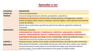 Fuente: Elaboración propia, adaptado de Baker, T. y Nelson, R. (2005).
Aprender a ver
CATEGORIA DESCRIPCIÓN
FUERZA DE
TRABAJO
Fuerza de trabajo propia.
Fuerza de trabajo de terceros (clientes, proveedores, voluntarios.)
Estudiantes universitarios y técnicos (que realizan prácticas, investigaciones, estudios,
diseños de páginas Web, envases y etiquetas, asesorías legales y otros aportes) como parte de
su plan de estudios.
Aportes de las instituciones que forman parte de los sistemas regionales y locales de
innovación.
HABILIDADES Tradiciones culturales.
CONOCIMIENTOS TÉCNICOS Y COMERCIALES, PRÁCTICAS, HABILIDADES, TALENTOS
RURALES. CONOCIMIENTOS TÁCITOS Y FORMALIZADOS. CONOCIMIENTOS ANCESTRALES.
Capacidad de liderazgo y de trabajo en red. Asociatividad, niveles de confianza mutua.
Capacidad de control de iniciativas de alcance público (control social).
CLIENTES /
MERCADOS
Contactos locales, clientes, ferias locales, encadenamientos y otro tipo de redes comerciales.
Redes desterritorializadas: comunidades étnicas que viven fuera de sus países, que inyectan
recursos (remesas) y nuevas ideas en sus territorios de origen, que consumen bienes y
servicios locales, y que pueden promoverlos en los países en donde residen.
 