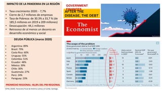 DEUDA PÚBLICA (marzo 2020)
• Argentina: 89%
• Brasil: 79%
• Costa Rica: 60%
• Uruguay: 55%
• Colombia: 51%
• Ecuador: 48%
• México: 39%
• Chile: 30%
• Guatemala: 27%
• Perú: 24%
• Paraguay: 23%
PROMEDIO REGIONAL: 46,8% DEL PIB REGIONAL
AFTER THE
DISEASE, THE DEBT
GOVERNMENT
FINANCES
CEPAL (2020). Panorama Fiscal de América Latina y el Caribe, Santiago.
IMPACTO DE LA PANDEMIA EN LA REGIÓN
• Tasa crecimiento 2020: - 7,7%
• Cierre de 2,7 millones de empresas
• Tasa de Pobreza: de 30.3% a 33,7 % (de
185,5 millones en 2019 a 209 millones)
• Desocupación: 44,1 millones
• Retroceso de al menos un decenio en
desarrollo económico y social
 