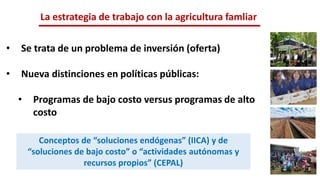 La estrategia de trabajo con la agricultura famliar
• Se trata de un problema de inversión (oferta)
• Nueva distinciones en políticas públicas:
• Programas de bajo costo versus programas de alto
costo
Conceptos de “soluciones endógenas” (IICA) y de
“soluciones de bajo costo” o “actividades autónomas y
recursos propios” (CEPAL)
 