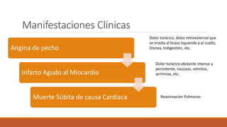 Manifestaciones Clínicas
Angina de pecho
Infarto Agudo al Miocardio
Muerte Súbita de causa Cardiaca
Dolor torácico, dolor retroesternal que
se irradia al brazo izquierdo y al cuello,
Disnea, Indigestión, etc.
Dolor torácico obstante intenso y
persistente, nauseas, vómitos,
arritmias, etc.
Reanimación Pulmonar.
 