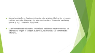  Aterosclerosis afecta fundamentalmente a las arterias elásticas (p. ej., aorta,
carótida y arterias ilíacas) y a las arterias musculares de tamaño mediano y
grande (p. ej., coronarias y poplíteas).
 La enfermedad aterosclerótica sintomática afecta con mas frecuencia a las
arterias que irrigan el corazón, el cerebro, los riñones y las extremidades
inferiores.
 