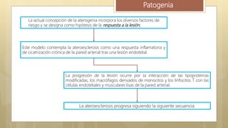 Patogenia
La actual concepción de la aterogenia incorpora los diversos factores de
riesgo y se designa como hipótesis de la respuesta a la lesión.
Este modelo contempla la ateroesclerosis como una respuesta inflamatoria y
de cicatrización crónica de la pared arterial tras una lesión endotelial.
La progresión de la lesión ocurre por la interacción de las lipoproteínas
modificadas, los macrófagos derivados de monocitos y los linfocitos T con las
células endoteliales y musculares lisas de la pared arterial.
La ateroesclerosis progresa siguiendo la siguiente secuencia:
 