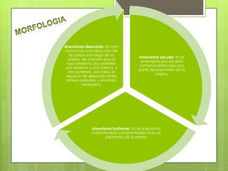 Aneurisma disecante: En esta
forma hay una disección de
   la pared a lo largo de la
                                      Aneurisma sacular: En el
  arteria, de manera que el
                                       aneurisma sacular está
 vaso presenta dos paredes,
                                      comprometido solo una
una externa y una interna, y
                                      parte del perímetro de la
  dos lúmenes, uno falso, el
                                               arteria.
 espacio de disección entre
 ambas paredes, y el lumen
          verdadero.




              Aneurisma fusiforme: En el aneurisma
              fusiforme está comprometido todo el
                      perímetro de la arteria
 