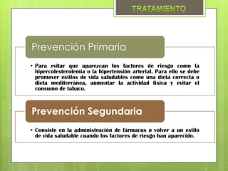 Prevención Primaria
• Para evitar que aparezcan los factores de riesgo como la
  hipercolesterolemia o la hipertensión arterial. Para ello se debe
  promover estilos de vida saludables como una dieta correcta o
  dieta mediterránea, aumentar la actividad física y evitar el
  consumo de tabaco.



Prevención Segundaria
• Consiste en la administración de fármacos o volver a un estilo
  de vida saludable cuando los factores de riesgo han aparecido.
 